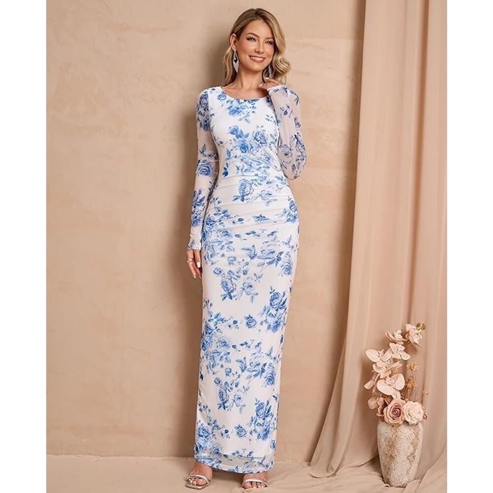 Womens Sheer Mesh Open Back Blue Floral Maxi Cottagecore Wedding Guest Dress MED - Picture 3 of 5